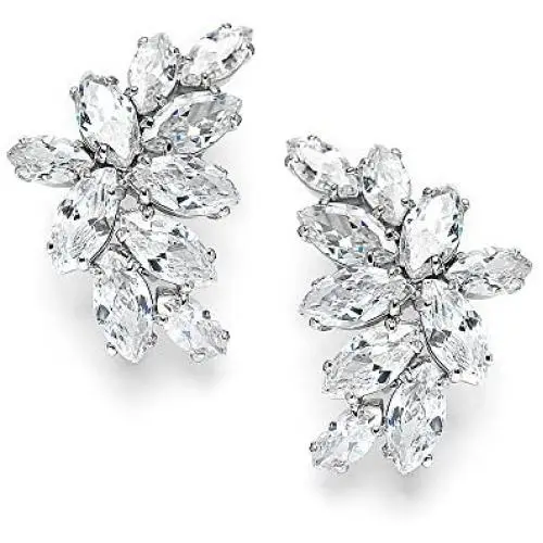Mariell Cubic Zirconia Marquis-Cut Graceful Curved Cluster Bridal Wedding Earrings - Platinum Plated