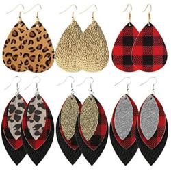 Long Dangle Leather Earrings for Women Layered Handmade Plaid Faux Leather Leaf Dangle earrings Lightweight Leopard Print Teardrop Earrings Set for Girls Lady