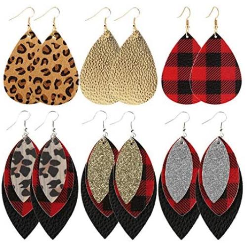 Long Dangle Leather Earrings for Women Layered Handmade Plaid Faux Leather Leaf Dangle earrings Lightweight Leopard Print Teardrop Earrings Set for Girls Lady
