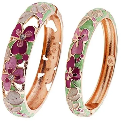 UJOY Vintage Jewelry Cloisonne Handcrafted Leaf Enameled Gorgeous Rhinestone Gold Hinged Cuff Bracelet Bangles Gifts 88A22 UJOY Vintage Jewelry Cloisonne Handcrafted Leaf Enameled Gorgeous Rhinestone Gold Hinged Cuff Bracelet Bangles Gifts 88A22