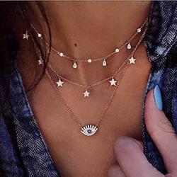 Fdesigner Layered Choker Stars Evil Eyes Necklace Pendant Chain Bohemian Collar Crystal Necklaces Jewelry for Women Girls (5)