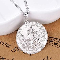 YL St Christopher Necklace Solid 925 Sterling Sliver Personalized Engraved Round Medallion Antiqued Religious Protector Talisman Pendant, Medal/Laced/Locket