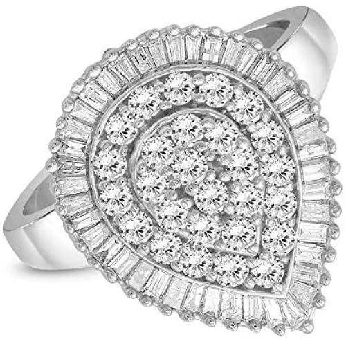 JEWELEXCESS White Diamond 1 Carat Ring with Sterling Silver for Women & Girls | Teardrop Halo Promise Ring with Round & Baguette Cut Diamonds