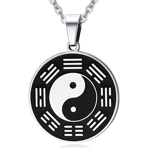 PJ Jewelry Mens Stainless Steel Yin Yang Amulet Pendant Chinese Taoism Symbol Talisman Charm Necklace