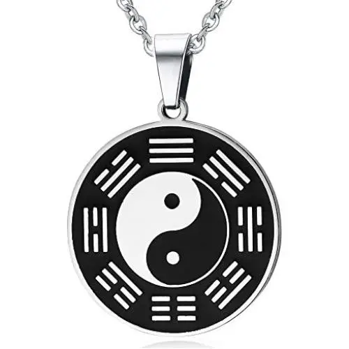 PJ Jewelry Mens Stainless Steel Yin Yang Amulet Pendant Chinese Taoism Symbol Talisman Charm Necklace