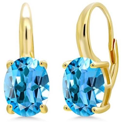 Gem Stone King 5.40 Ct Oval Swiss Blue Topaz 18K Yellow Gold Plated Silver Earrings