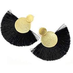 DAMLENG Fashion Bohemian Colorful Thread Tassel Dangle Drop Earrings Jewelry for Women Girls Statement Stud Large Fan Shape Fringe Vintage Wedding Boho Engagement gifts