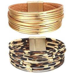 Neckcely 2Pcs Leopard Print Multilayer Leather Wrap Wide Bracelets Handmade Wristband Braided Rope with Magnetic Buckle Jewelry for Women Girls