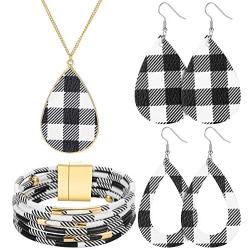 MTSCE 4 Pieces Plaid Print Jewelry Set for Women, Suitable for Party Wear Multi-Layer Bracelet Faux Leather Dangle Earrings and Glitter Necklace