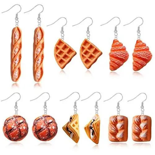 DAMLENG 6 Pairs Handmade Simulation food Croissant French Bread Toast Dangle Drop Earrings Cute Unique Baguette Earrings Set for Women Girls Jewelry