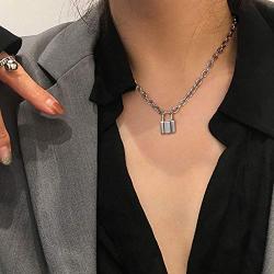 YienDoo Punk Lock Necklace Chain Silver Dainty Padlock Pendant Fashion Statement Charm Necklace Minimalist Jewelry for Women and Girls