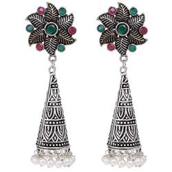 Efulgenz Boho Vintage Antique Ethnic Gypsy Tribal Indian Oxidized Silver Pearl Drop Floral Jhumka Dangle Earrings Jewelry
