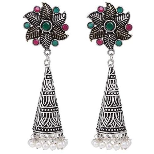 Efulgenz Boho Vintage Antique Ethnic Gypsy Tribal Indian Oxidized Silver Pearl Drop Floral Jhumka Dangle Earrings Jewelry