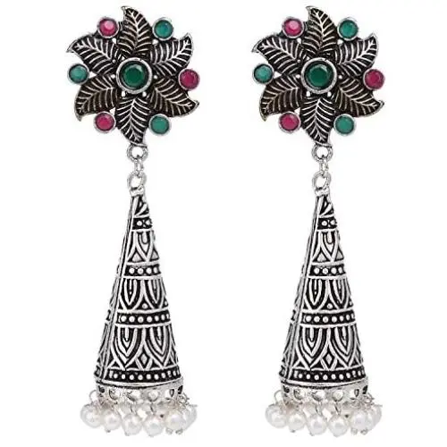 Efulgenz Boho Vintage Antique Ethnic Gypsy Tribal Indian Oxidized Silver Pearl Drop Floral Jhumka Dangle Earrings Jewelry Efulgenz Boho Vintage Antique Ethnic Gypsy Tribal Indian Oxidized Silver Pearl Drop Floral Jhumka Dangle Earrings Jewelry