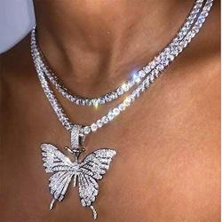 Ludress Boho Butterfly Necklaces Silver Christmas Choker Chain Necklace Rhinestone Pendant Necklaces Jewelry Accessories for Women and Girls