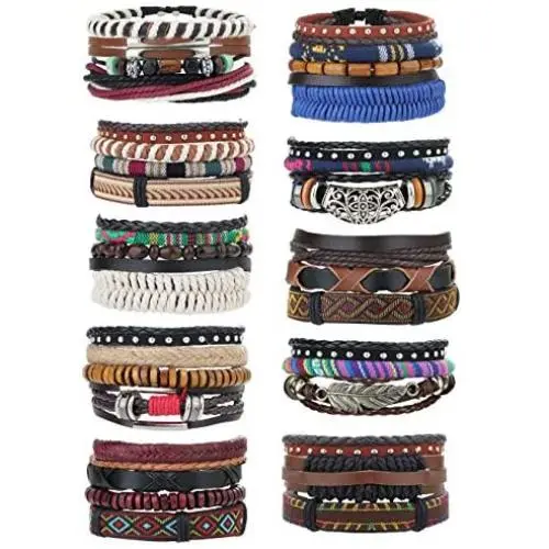 JOERICA 32-35 Pcs Braided Bracelet for Women Men Woven Leather Wristbands Boho Ethnic Style Tribal Linen Hemp Cords Wrap Bracelets Set Handmade String Jewelry