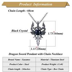 Xusamss Punk Titanium Steel Wing Dragon Crystal Pendant Sword Necklace,24inches Link Chain