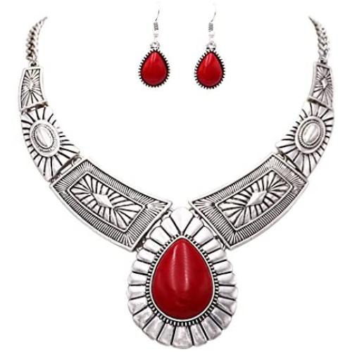 Rosemarie Collections Women’s Southwest Teardrop Howlite Stone Statement Necklace Earrings Set