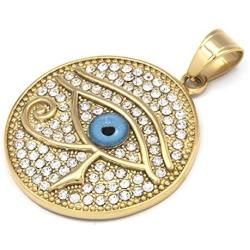 GUNGNEER Goldtone Round Pendant Eye of Horus Necklace Symbol of Protection Egyptian Pharaoh Stainless Steel Jewelry