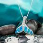 Honolulu Jewelry Company Sterling Silver Whale Tail CZ Accented Necklace Pendant with Simulated Blue Opal and 18'' Box Chain