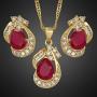 RIZILIA Pear Cut Red Ruby Yellow Gold Plated Jewelry Set, Pendant with 18'' Chain Stud Earrings