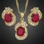 RIZILIA Pear Cut Red Ruby Yellow Gold Plated Jewelry Set, Pendant with 18'' Chain Stud Earrings RIZILIA Pear Cut Red Ruby Yellow Gold Plated Jewelry Set, Pendant with 18'' Chain Stud Earrings