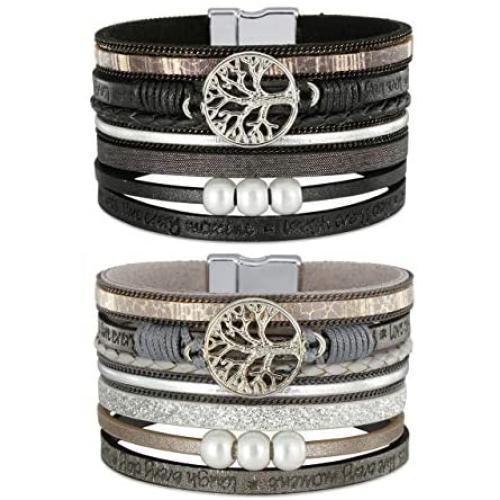 JOVIVI Tree of Life Leather Bracelets Handmade Wide Braided Multilayer Leather Bangle Wrap Wristbands Bohemian Jewelry for Women Girls Birthday Gifts