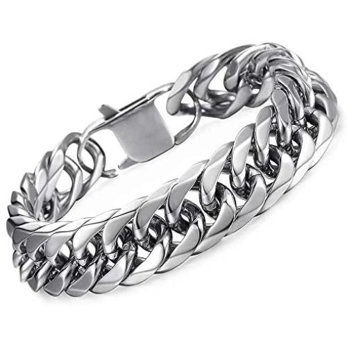 Hermah Heavy Mens Bracelet Chain 316L Stainless Steel Silver Gold Black Color Punk Double Curb Cuban Rombo Link 10/15mm 7-11inch