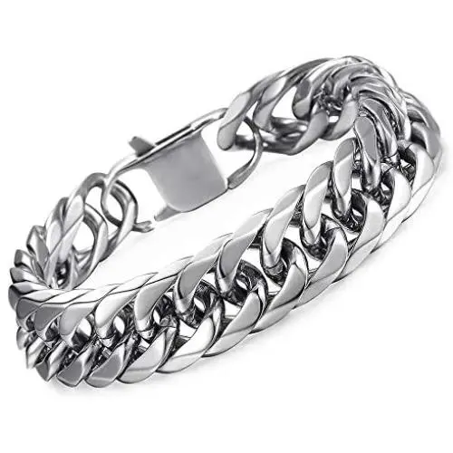 Hermah Heavy Mens Bracelet Chain 316L Stainless Steel Silver Gold Black Color Punk Double Curb Cuban Rombo Link 10/15mm 7-11inch Hermah Heavy Mens Bracelet Chain 316L Stainless Steel Silver Gold Black Color Punk Double Curb Cuban Rombo Link 10/15mm 7-11inch