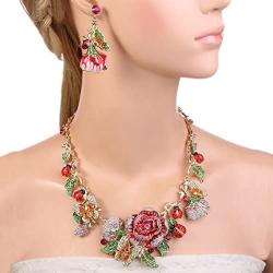 EVER FAITH Crystal Enamel Flower Cluster Butterfly Ladybug Insect Necklace Earrings Set Gold-Tone
