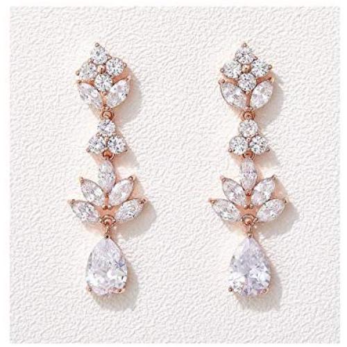SWEETV Teardrop Wedding Earrings for Brides Birdesmaid, Crystal Cubic Zirconia Bridal Drop Earrings for Women Prom
