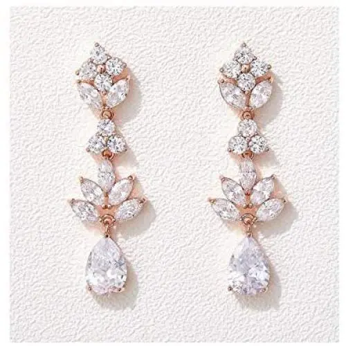 SWEETV Teardrop Wedding Earrings for Brides Birdesmaid, Crystal Cubic Zirconia Bridal Drop Earrings for Women Prom