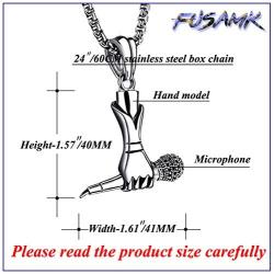 Fusamk Hip Hop Music Titanium Steel Microphone Tag Pendant 24'' Chain Necklace