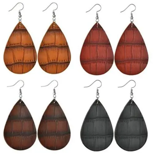 Leather Earrings for Women, 4 Pairs Sterling Silver Piercing Hook with Antique Petal Drop Earrings, Autumn Winter Classic Fashion Style, Ideal Jewelry Set Gift or Daily Wear Leather Earrings for Women, 4 Pairs Sterling Silver Piercing Hook with Antique Petal Drop Earrings, Autumn Winter Classic Fashion Style, Ideal Jewelry Set Gift or Daily Wear
