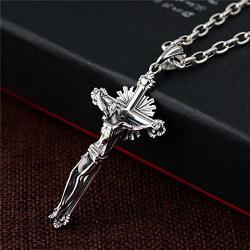 Retro Vintage Big 925 Sterling Silver Jesus Christ Crucifix Cross Pendant Necklace for Men Women,50cm Chain