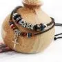 Mystart Pack of 2 Double Beaded Cross Necklace Adjustable European Religious Leather Rope Necklace Jewelry