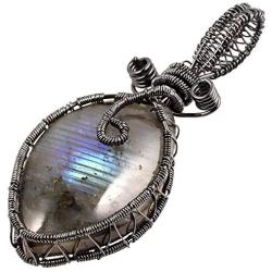 Nupuyai Natural Labradorite Necklace for Unisex, Handmade Wire Wrapped Irregular Healing Stone Pendant with Chain 19''