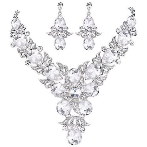 EVER FAITH Rhinestone Crystal Elegant Wedding Flower Leaf Teardrop Necklace Earring Set