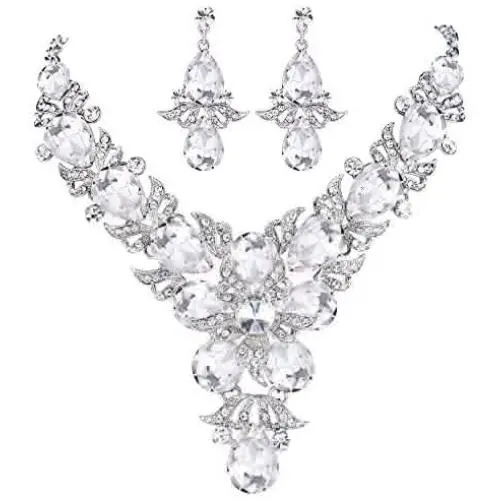 EVER FAITH Rhinestone Crystal Elegant Wedding Flower Leaf Teardrop Necklace Earring Set