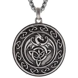 QIANJI Celtic Dragon Pendant Necklace Celtic Knot Wolf Stainless Steel Necklace Women Men Vintage Bag Package