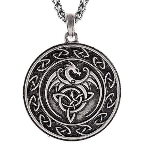 QIANJI Celtic Dragon Pendant Necklace Celtic Knot Wolf Stainless Steel Necklace Women Men Vintage Bag Package