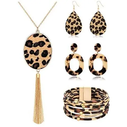 Leopard Necklace Earrings Wrap Bangle Bracelets for Women Leather Drop Earrings Resin Acrylic Earrings Long Tassel Pendant Necklace Statement Print Leopard Jewelry Set Leopard Necklace Earrings Wrap Bangle Bracelets for Women Leather Drop Earrings Resin Acrylic Earrings Long Tassel Pendant Necklace Statement Print Leopard Jewelry Set