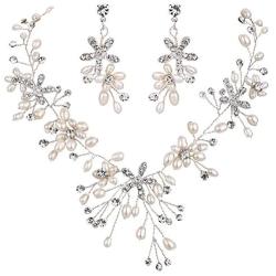 BriLove Womens Bohemian Boho Crystal Teardrop Freshwater Cultured Pearl Handmade Filigree Flower Choker Necklace Dangle Earrings Set