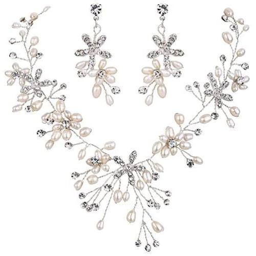 BriLove Womens Bohemian Boho Crystal Teardrop Freshwater Cultured Pearl Handmade Filigree Flower Choker Necklace Dangle Earrings Set BriLove Womens Bohemian Boho Crystal Teardrop Freshwater Cultured Pearl Handmade Filigree Flower Choker Necklace Dangle Earrings Set