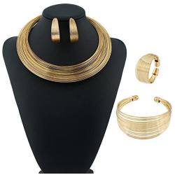 Womens Fashion African Jewelry Sets Gold Silver Plated Alloy Multi-Layer Chain Choker Necklace Hoop Earrings Cuff Bangle Bracelet Ring Set