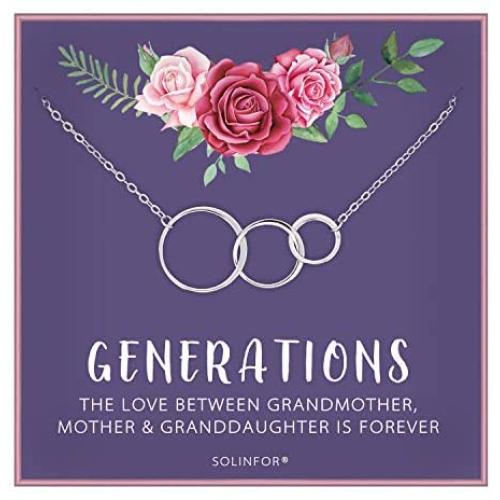 SOLINFOR Generations Necklace - Sterling Silver Jewelry with Gift Wrapping, Card - Gifts for Grandma, Grandmother, Birthday, Mothers Day from Granddaughter- 3 Interlocking Circles Necklace for Women