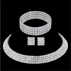 U/D Layered Shiny Rhinestone Beads Bracelet Choker Necklace Jewelry Set Glitter Multi Rows Crystal Long Fringe Tassel Drop Dangle Earrings for Women Girl Bridal Wedding Accessory