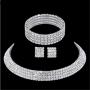 U/D Layered Shiny Rhinestone Beads Bracelet Choker Necklace Jewelry Set Glitter Multi Rows Crystal Long Fringe Tassel Drop Dangle Earrings for Women Girl Bridal Wedding Accessory