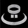 U/D Layered Shiny Rhinestone Beads Bracelet Choker Necklace Jewelry Set Glitter Multi Rows Crystal Long Fringe Tassel Drop Dangle Earrings for Women Girl Bridal Wedding Accessory