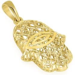 14k Yellow Gold Textured Filigree 3D Hamsa Hand of Fatima with Evil Eye Pendant